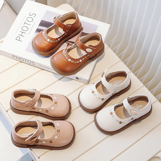 Toddler Girl's Mary Janes Flower Embroider Shallow Sweet Children Leather Shoes Three Colors Hook-loop Comfy Kids Shoe 21-30 - AMULET RING STORE