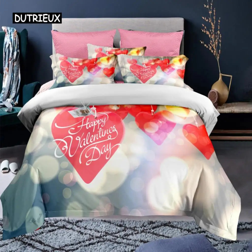Valentine's Day Duvet Cover Set Red Rose I Love You Pattern King Size Couple Polyester Bedding Set Happy Romantic Quilt Cover