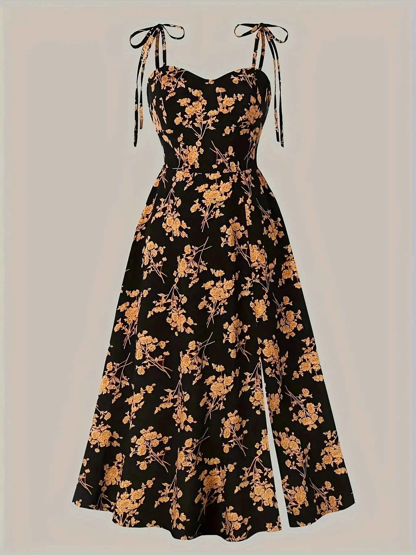 2024 European and American fashion plus size women's new flower print A-line skirt bow tie slit dress