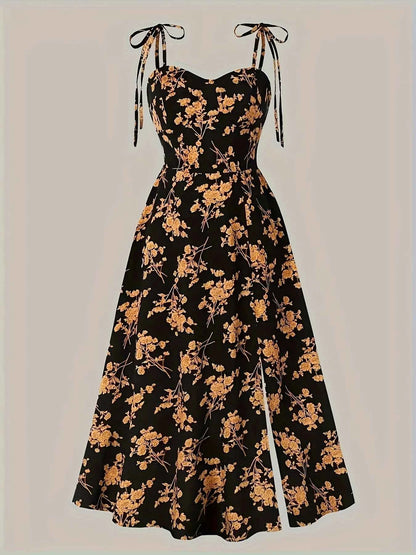 2024 European and American fashion plus size women's new flower print A-line skirt bow tie slit dress