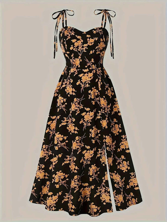 2024 European and American fashion plus size women's new flower print A-line skirt bow tie slit dress