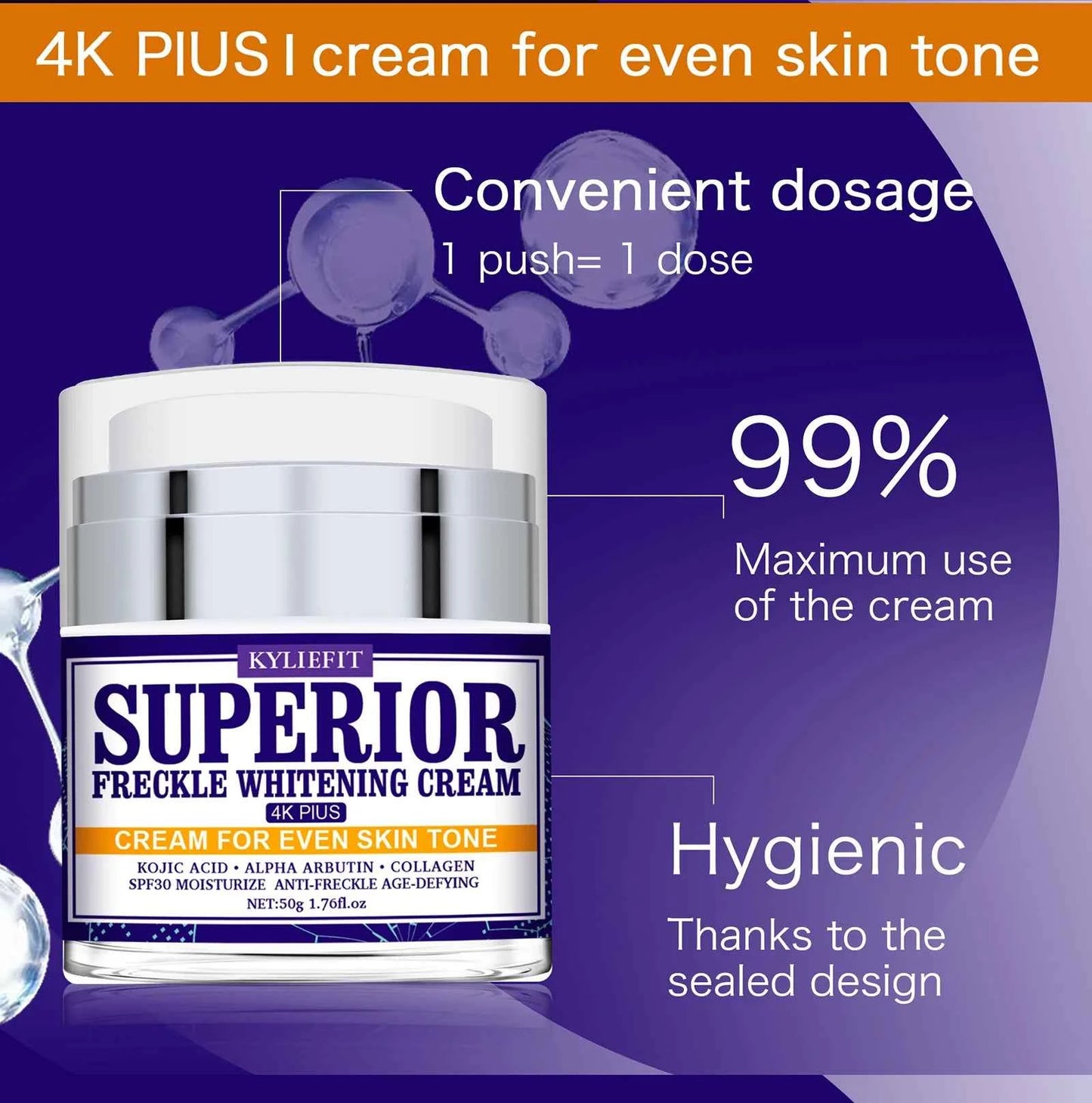 KYLIEFIT Superior Freckle Whitening Cream, Even Skin Tone, With Collagen, Kojic Acid, Spf30, Dark Spots Corrector Face Cream