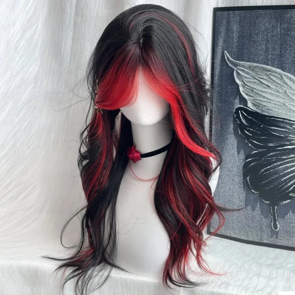 Black Ombre Red Layered Wig Synthetic Long Wavy Women Fluffy Lolita Style Cosplay Wig Middle Part for Daily Party - AMULET RING STORE