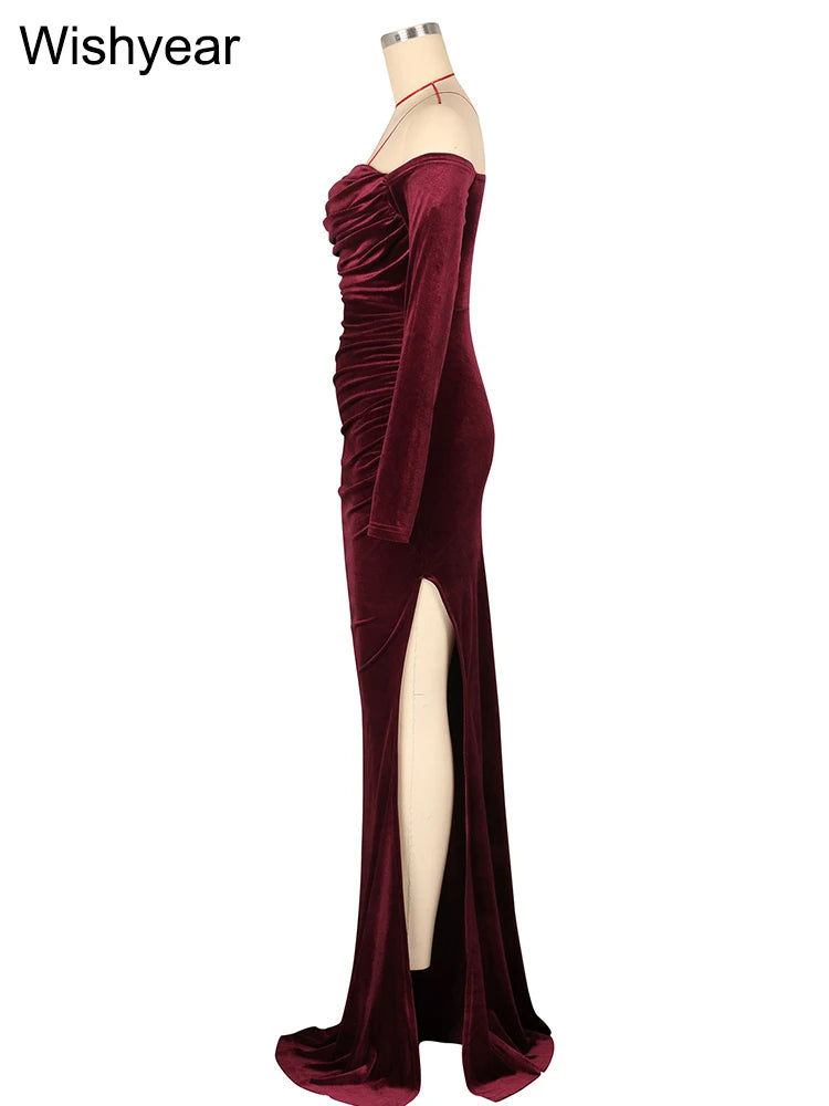 Elegant Women Velvet Off Shoulder Long Sleeve Ruched Split Mermaid Dress Luxury Wedding Evening Birthday Party Festival Vestidos - AMULET RING STORE