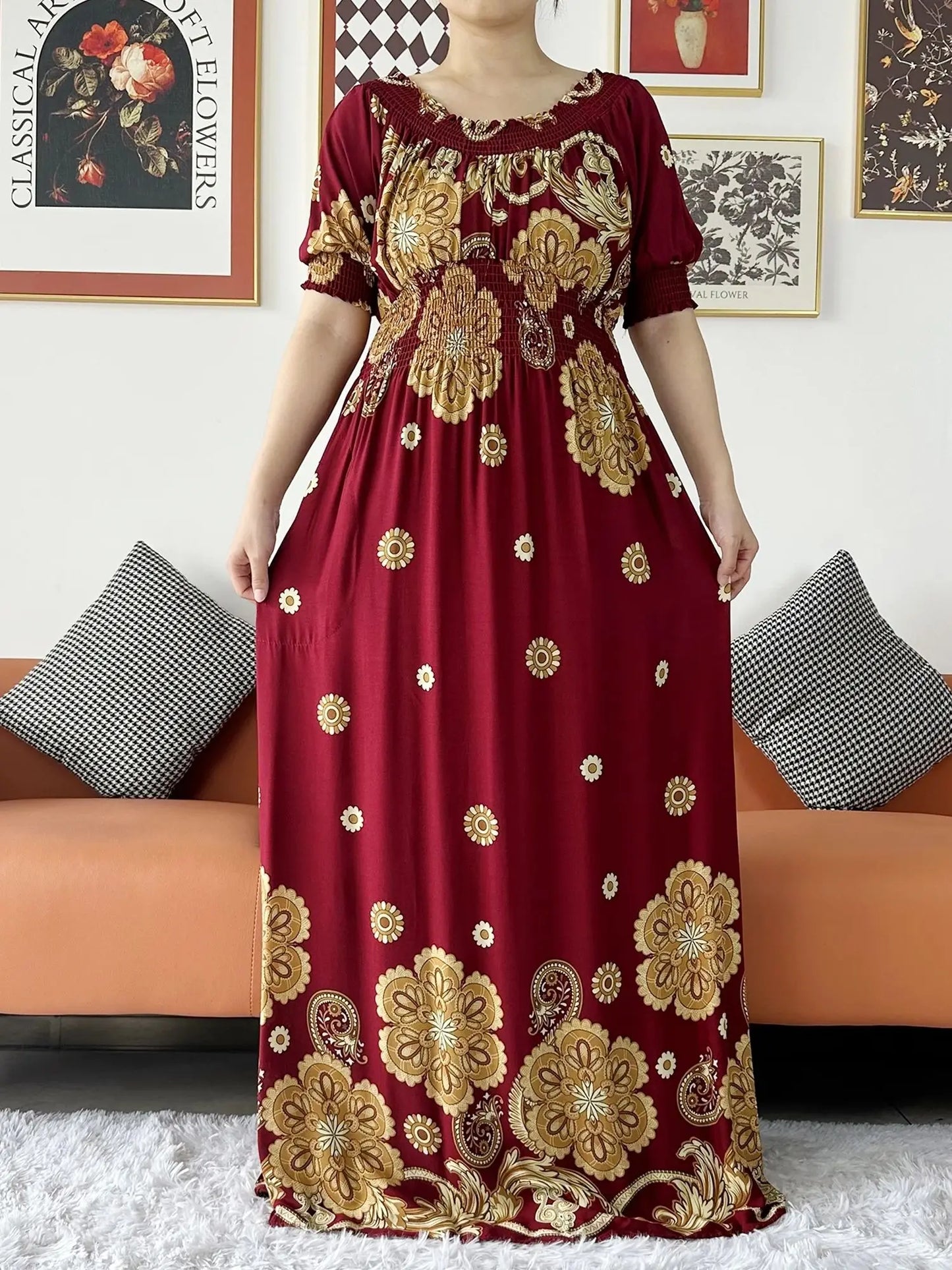 New Summer Women Abaya Short Sleeve Dashiki Floral Collect Waist Loose Maxi Robe Floral Femme Musulmane African Printing Abaya