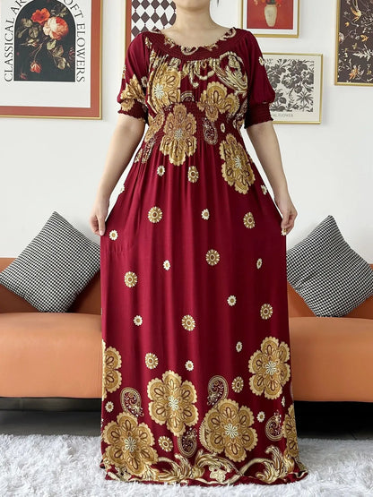 New Summer Women Abaya Short Sleeve Dashiki Floral Collect Waist Loose Maxi Robe Floral Femme Musulmane African Printing Abaya