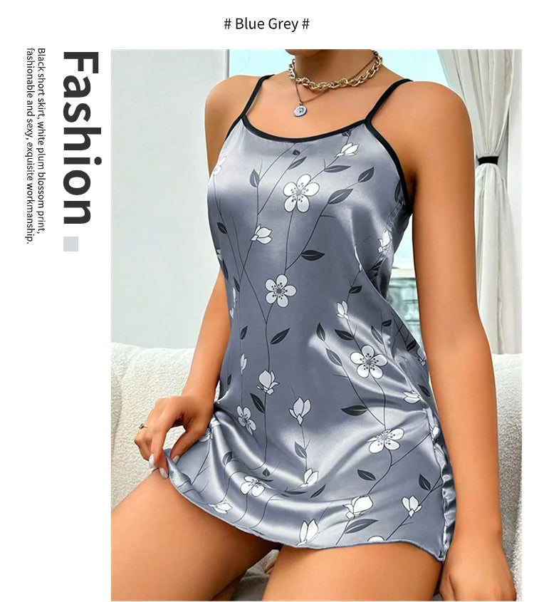 Women's Sleepdress Satin Floral Print Nightdress Comfortable Spaghetti Strap Sleepwear Dress Luxurious Satin Slip Nightdress - AMULET RING STORE