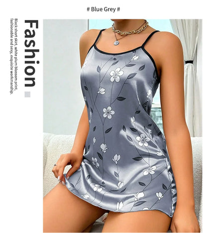 Women's Sleepdress Satin Floral Print Nightdress Comfortable Spaghetti Strap Sleepwear Dress Luxurious Satin Slip Nightdress - AMULET RING STORE