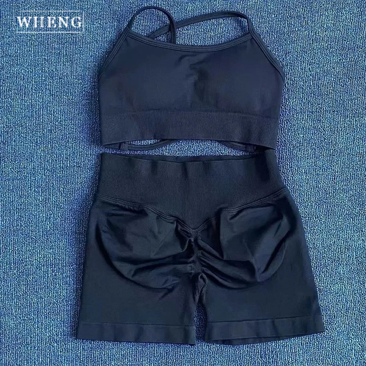 WHENG Peach Hip Lifting Suit Back Cross Sports Bra Shockproof Bra Quick Drying Shorts Set Gym Fitness Running Yoga Suit