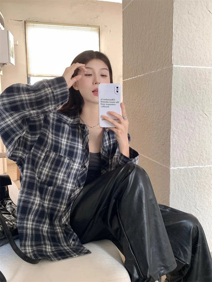 Zoki American Y2K Plaid Shirt Women Loose Streetwear Long Sleeve Vintage Blouse Casual Oversize All Match Female Spring Tops New - AMULET RING STORE