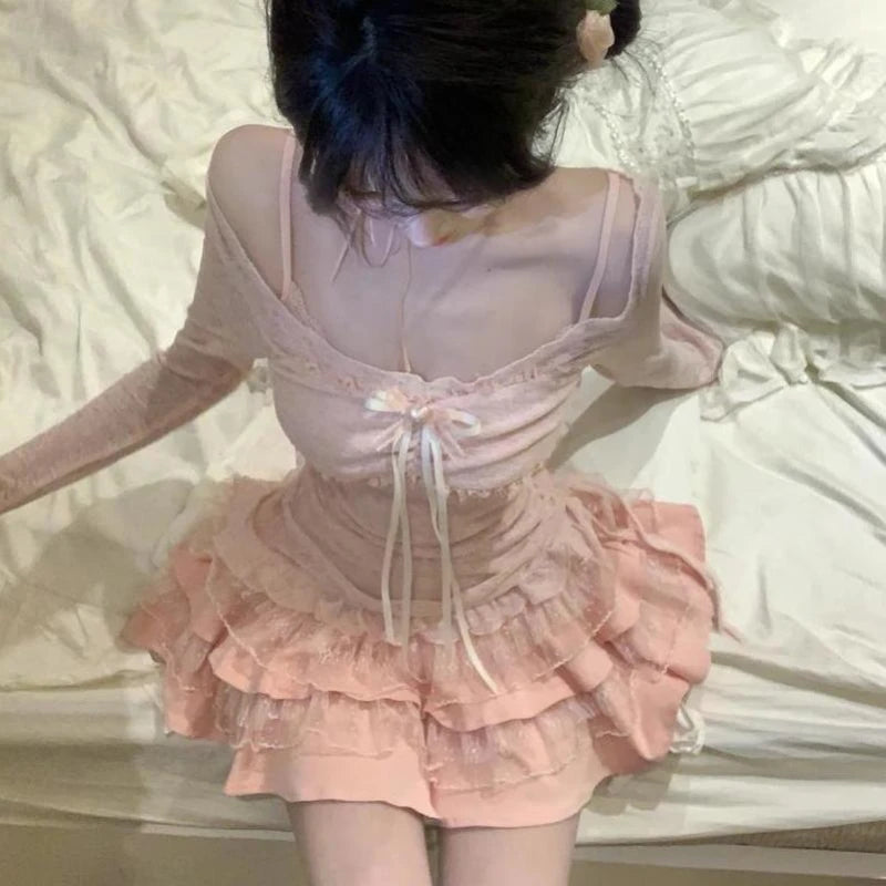 Spring and Summer Girl Temperament Pure Desire Style Lace Sweet New Suspender Cardigan Dress Two-piece Set