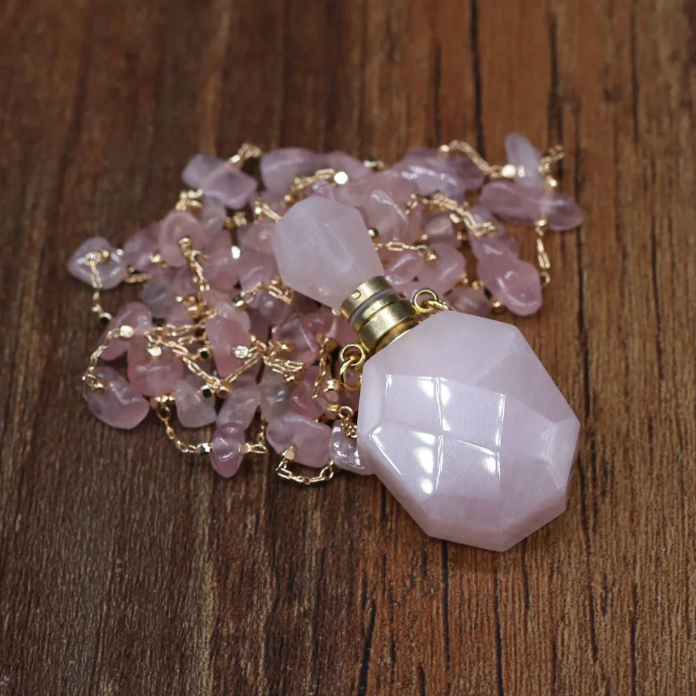 Natural Stone Perfume Bottle Necklace Pink Quartz Pendant Charms For Elegant Women Love Romantic Gift 60 CM - AMULET RING STORE