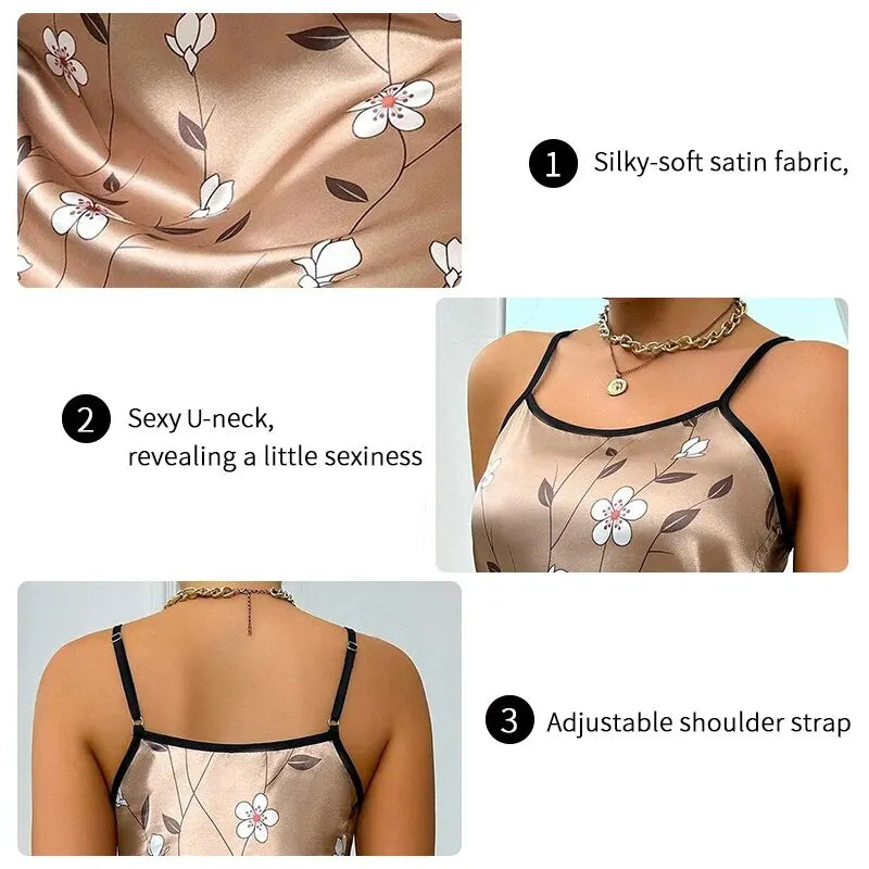 Women's Sleepdress Satin Floral Print Nightdress Comfortable Spaghetti Strap Sleepwear Dress Luxurious Satin Slip Nightdress - AMULET RING STORE