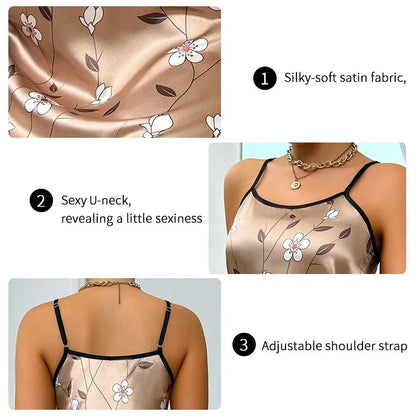 Women's Sleepdress Satin Floral Print Nightdress Comfortable Spaghetti Strap Sleepwear Dress Luxurious Satin Slip Nightdress - AMULET RING STORE