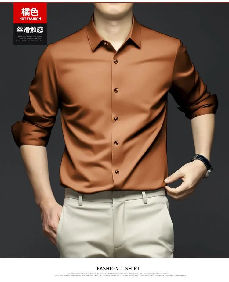 X-6XL Orange Men's Long Sleeve Shirt Luxurious Wrinkle Resistant and Non ironing Solid Business Casual Dress Shirt