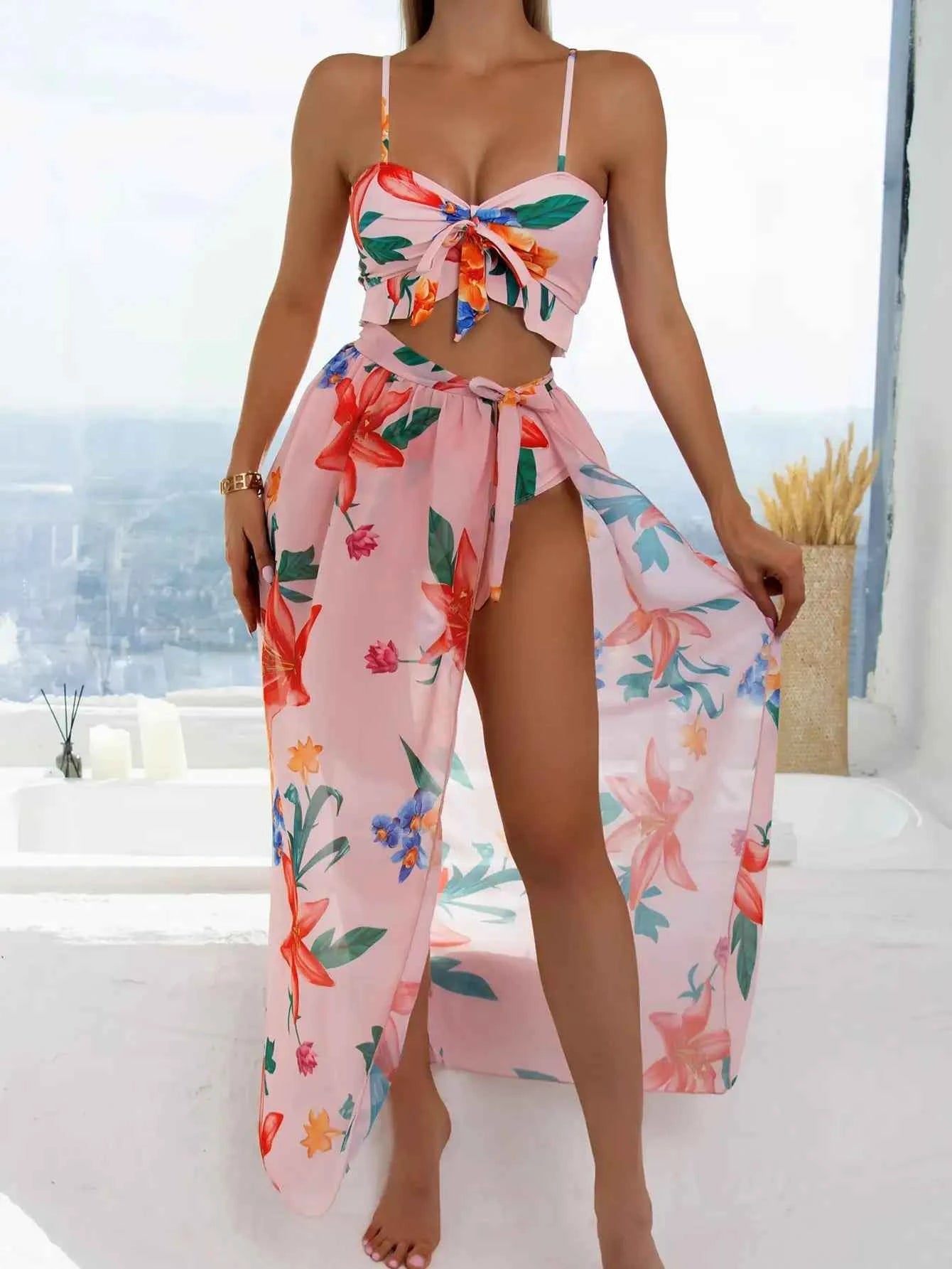 3 Pieces Floral Print Knot Front Bikinis 2025 Women Ruffle Swimwear Female High Waist Swimsuit With Beach Skirt Bathing Suit