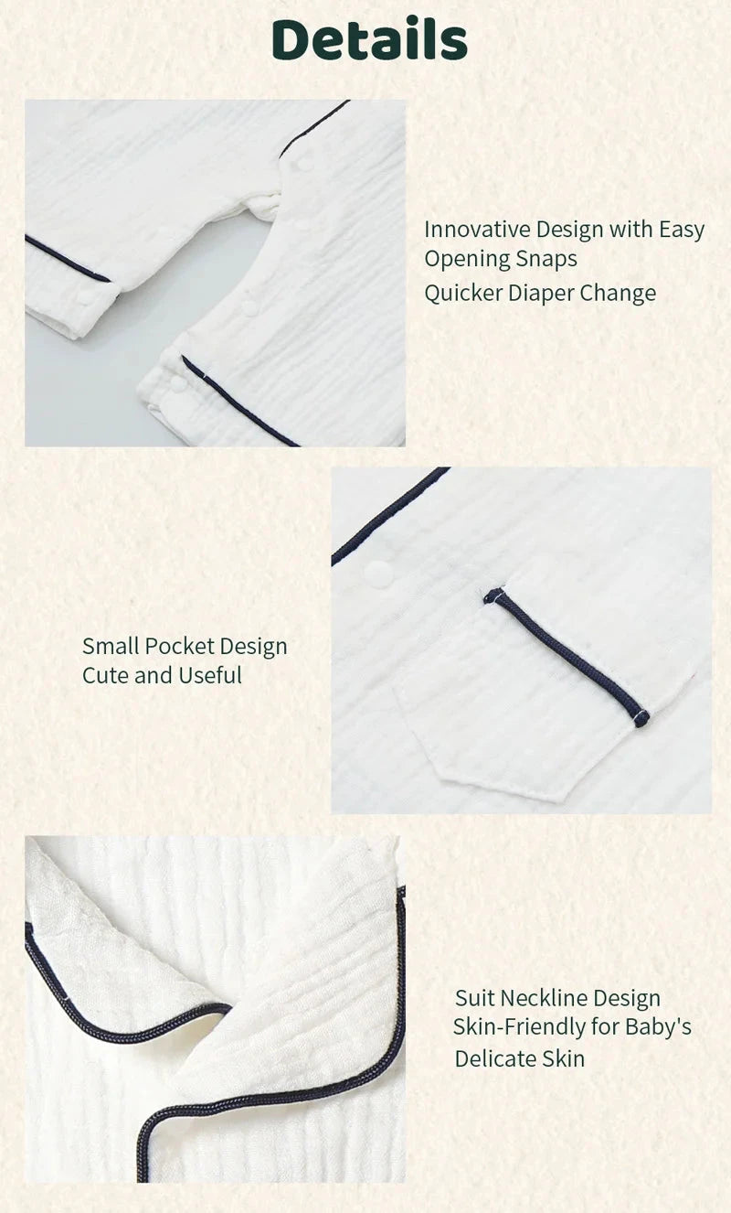 Baby Sleepwear for Boy Girl Organic Cotton White Romper Newborn Pajama Muslin Long-sleeved Onesie Kids Clothe Toddler Jumpsuit - AMULET RING STORE