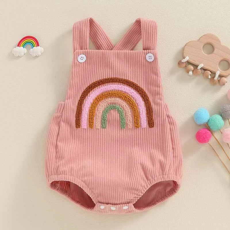 Infant Baby Girl Boy Overalls Rompers Summer Rainbow/Strawberry Embroidery Sleeveless Square Neck Suspender Ribbed Romper - AMULET RING STORE