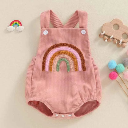 Infant Baby Girl Boy Overalls Rompers Summer Rainbow/Strawberry Embroidery Sleeveless Square Neck Suspender Ribbed Romper - AMULET RING STORE