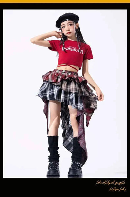 Hip Hop Girls Crop Top Plaid Street Dance Skirt Kids Ribbon Pleated Skirts Teens Jazz Cool Costumes Child Streetwear Clothes Set