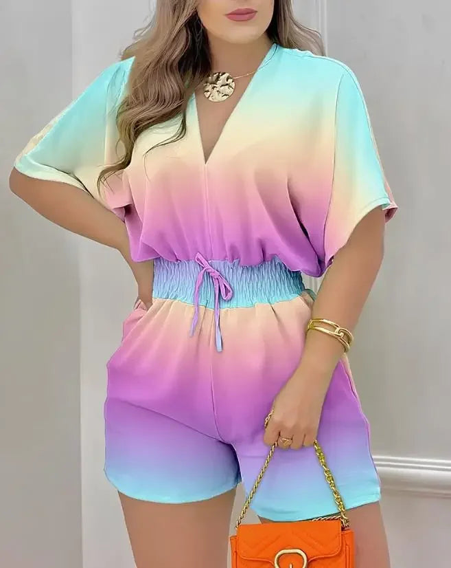 Summer Fashion Jumpsuit Women 2024 Batwing Sleeve Shirred Waist Casual Plain V-Neck Short Sleeve Above Knee Romper Streetwear - AMULET RING STORE