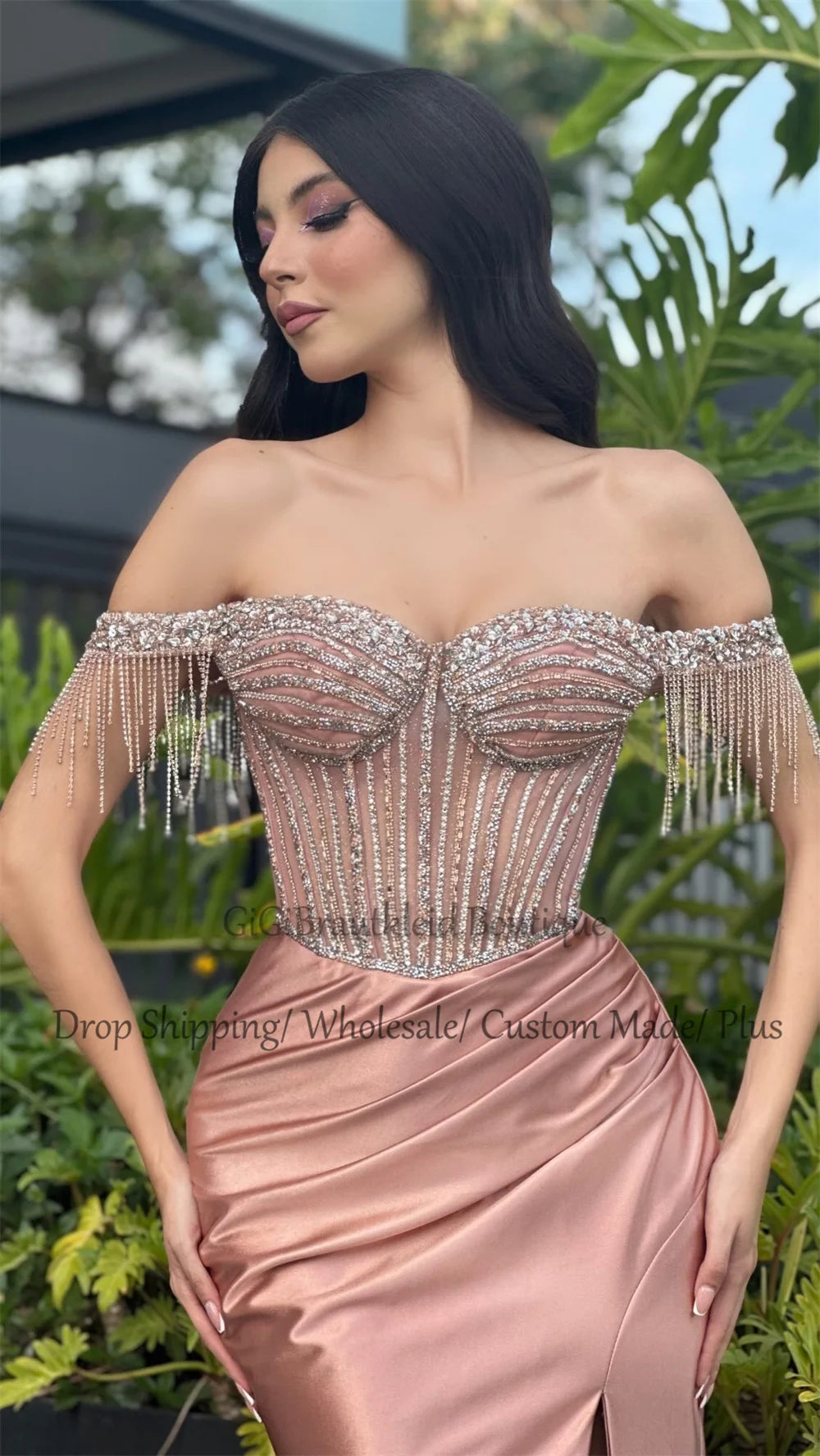 GiGiBraut Fancy Satin Prom Dress For Women Mermaid Pleated Slit Crystals Evening Gowns Vestido De Formatura Party Customised - AMULET RING STORE