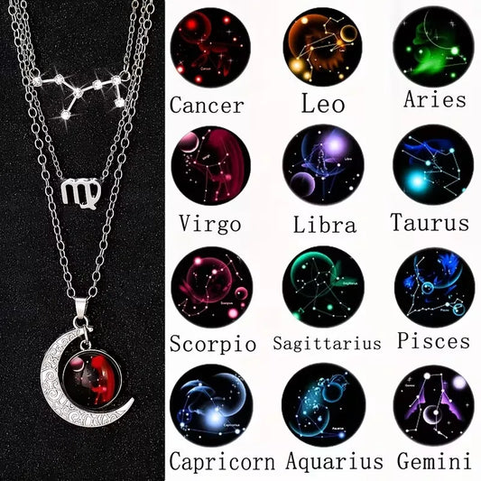 3 Pieces/Set Zodiac Retro Moon Glow Pendant Necklace Set with Birthstone Cards, Birthday Gift for Besties and BFFs