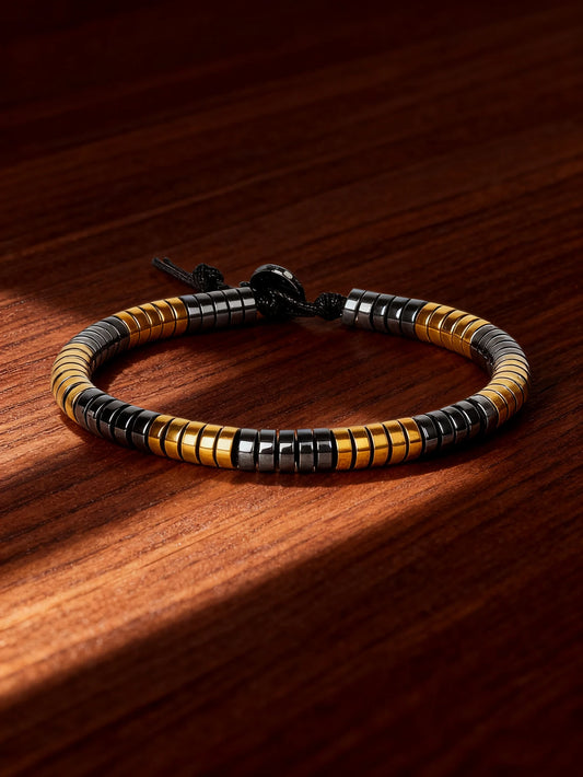 Hematite Bracelet Handmade with Natural Stone Leather Cord Gold color Spacers Beaded for Energy Protection Reiki Healing Jewelry