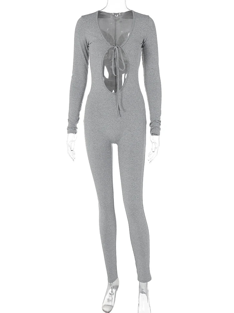 Dulzura Solid Pure Hole Hollow Out Straps Lace-Up Jumpsuit Long Sleeves 2023 Summer Autumn For Women Sexy Streetwear Wholesale - AMULET RING STORE