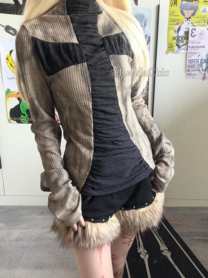 ReddaChic Women's Low Waist Fur Short Pants Retro Black Denim Wide Leg Studded Fuzzy Cargo Shorts Grayu Y2k Harajuku Streetwear