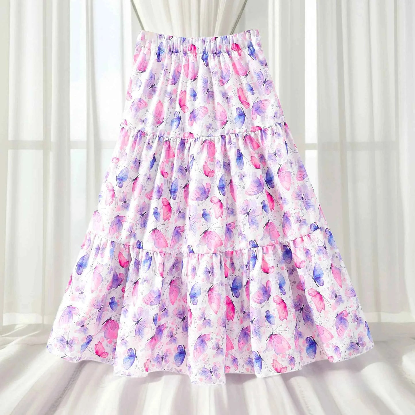 2024 Long Skirt Teens Girls Clothing 8-12 Y Summer Style Casual Fashion Floral Butterfly A-Line Birthday Gift Children Skirt