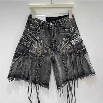 Streetwear American Vintage Heavy Industry Washed Holes and Burrs Denim Shorts Y2 Gothic Old Multi-pocket Casual Joker Pants