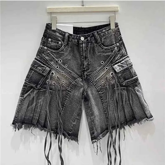 Streetwear American Vintage Heavy Industry Washed Holes and Burrs Denim Shorts Y2 Gothic Old Multi-pocket Casual Joker Pants