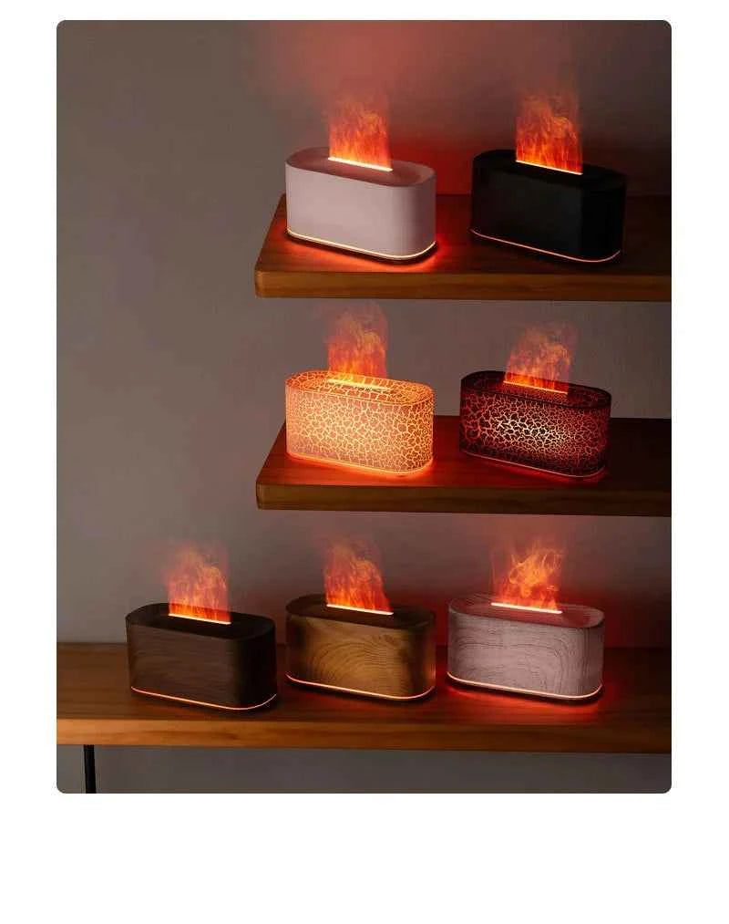 New style seven-color aromatherapy machine, bedroom essential oil aromatherapy lamp, wood grain flame humidifier, desktop cracke