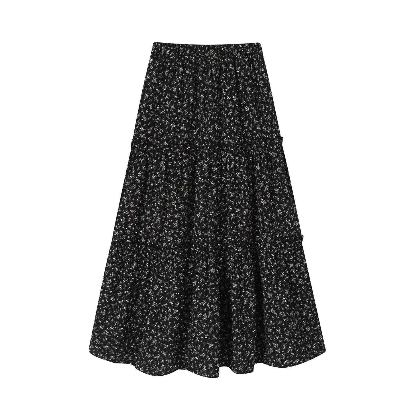 High Waist Vintage Floral Printed Women's Umbrella Skirts 2025 New Spring Autumn Black Casual Loose Straight A-line Skirt Female