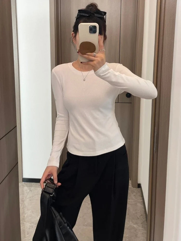 Women's Sports Quick Drying Fitness Yoga Top Simple Black White Long Sleeved Threaded T-shirt Fashion Solid Color Cotton T-shirt