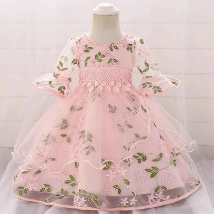 Long Sleeve Flower Baby Girls Dresses Newborn Pink 1st Birthday Tulle Princess Dress For Girl Bridesmaid Wedding Summer Clothing