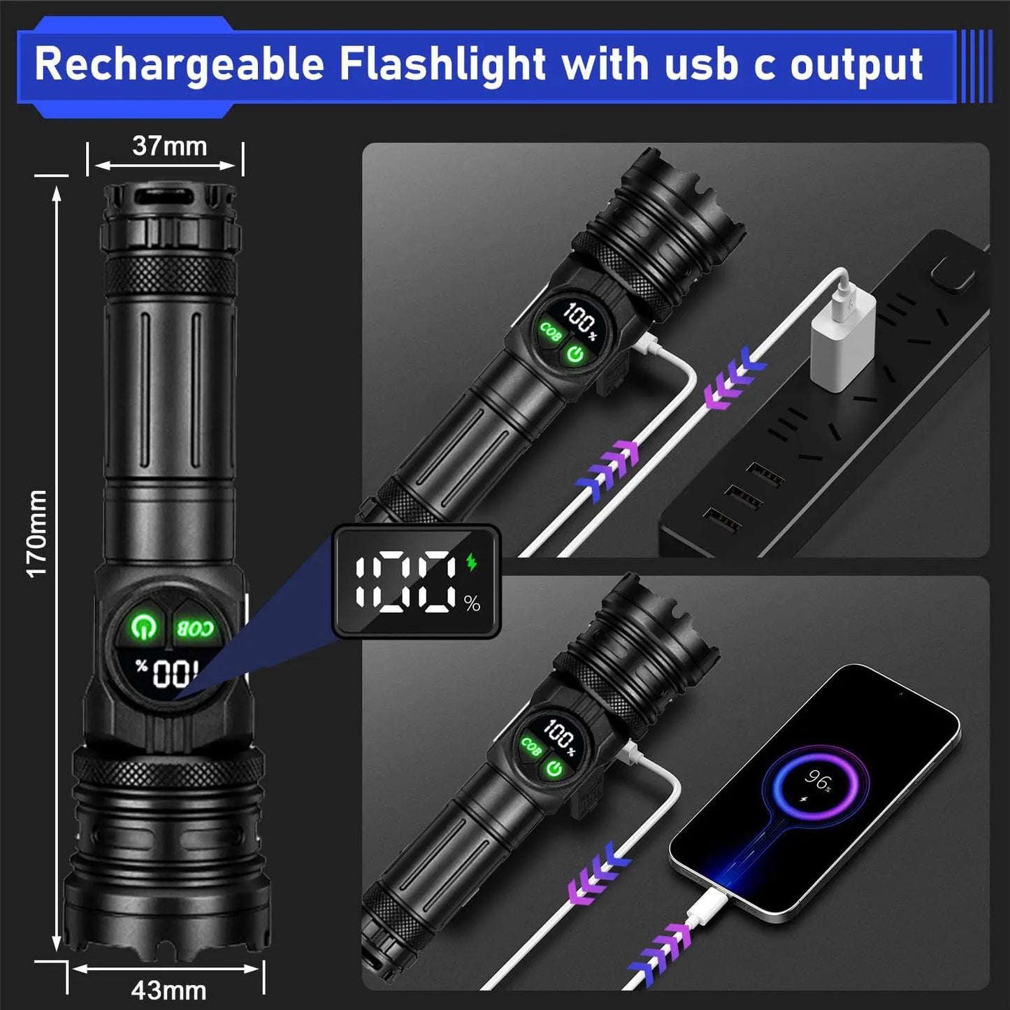 Super Bright Rechargeable LED COB Flashlight With 9 Lighting Modes Multifunction Magnetic Outdoor Waterproof Lamp18650 Battery - AMULET RING STORE