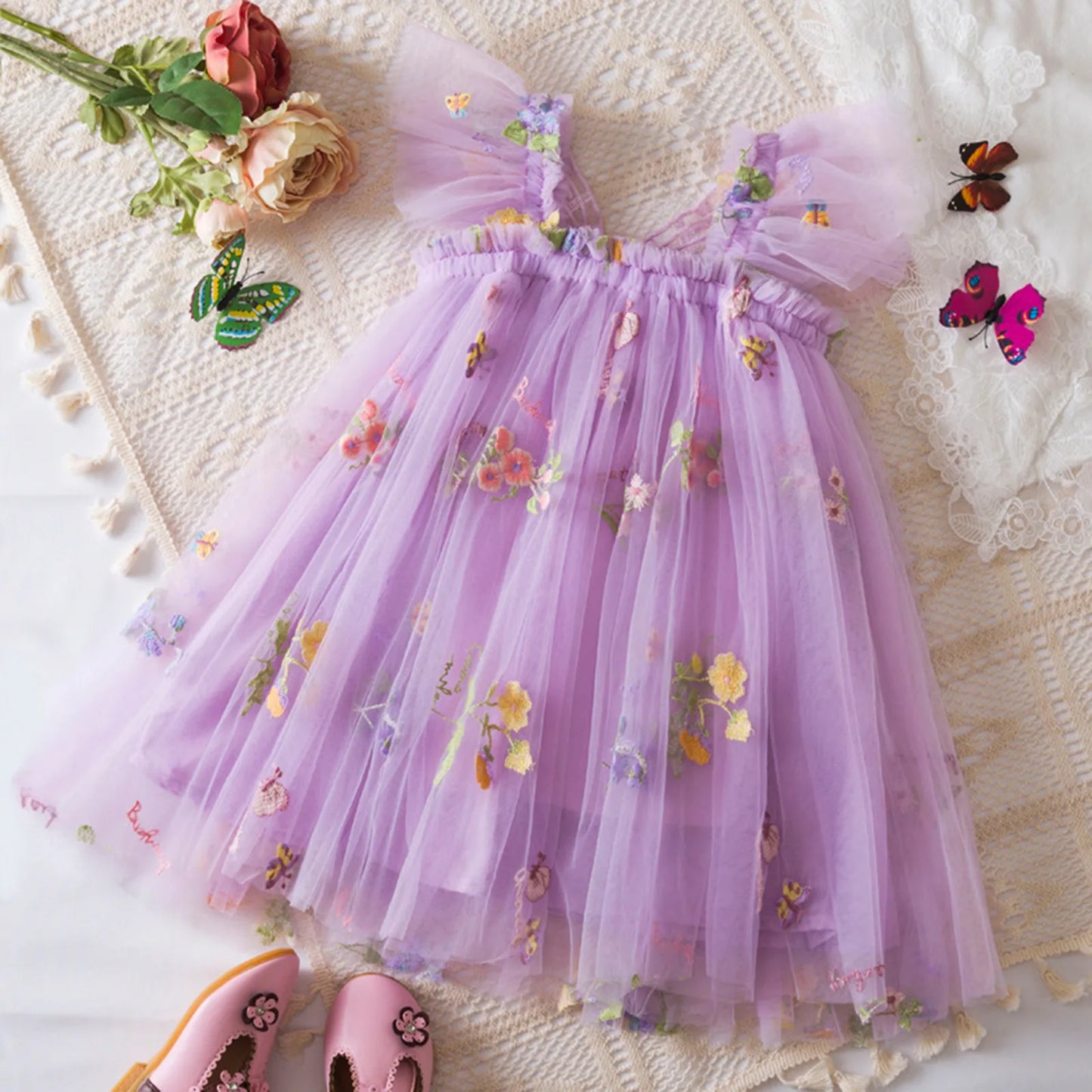 Delicate Party Prom Evening Dress Colorful Flower Embroidery Dresses Fashion Butterfly Princess Dress Birthday Princess Clothes