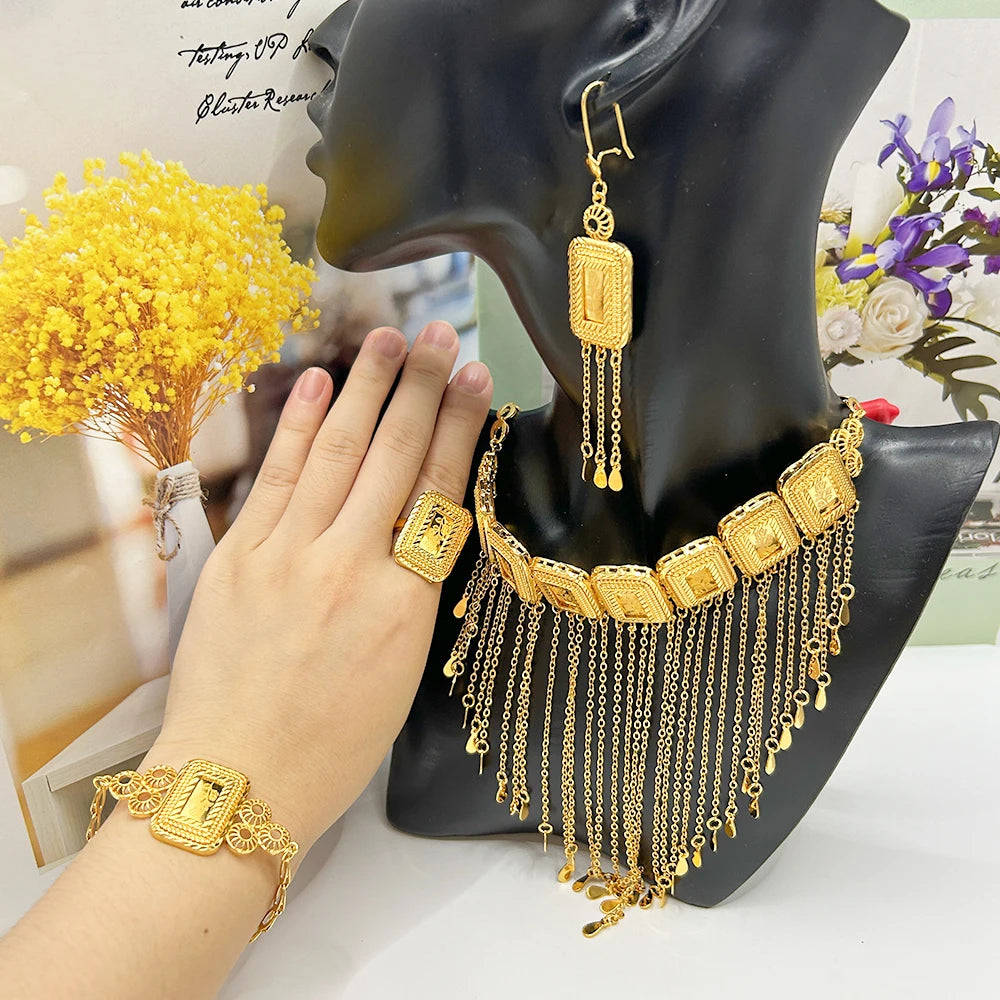Earring Tassel Necklace Middle East 4pcs Jewelry Women Cuff Bangles with Ring Jewelry Dubai Fashion Set African Jewelry Wedding