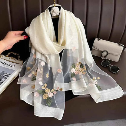 180*70cm Embroidery Floral Chiffon Scarf Elegant Thin Breathable Shawl Women Sunscreen Neck Scarf Travel Beach Shawl Scarf