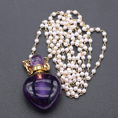 Natural Amethysts Perfume Bottle Pendant Necklace Pearl Chains Essential Oil Diffuser Agates Pendant Necklace For Women Jewerly - AMULET RING STORE