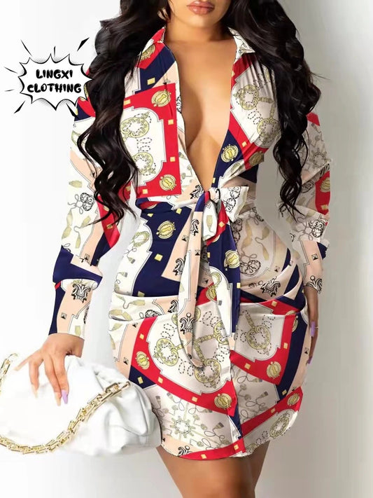 2023 New Women's Professional Style Office Wrap Hip Elegant Dress Lapel Waist Tie Long Sleeve Mid Length Pullover Shirt Dress - AMULET RING STORE