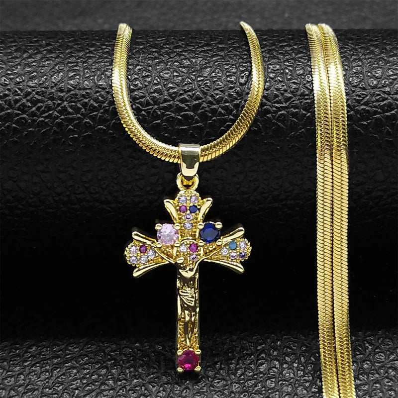 Shiny Hip Hop Zircon Cross Pendant Necklace for Women Stainless Steel Crystal Choker Christian Necklaces Jewelry cruz colgante