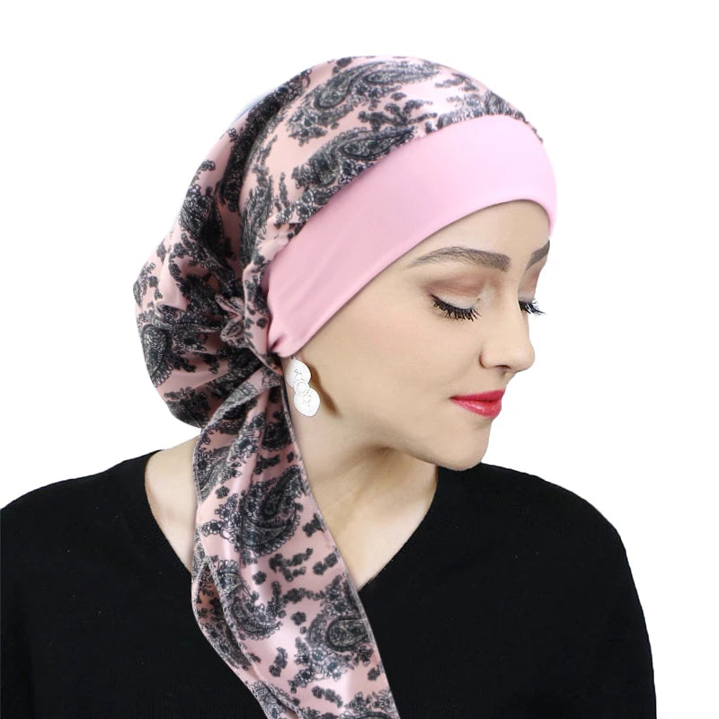 Printed Pre-tie Headscarf Women Elastic Muslim Female Turban Cancer Chemo Hat Hair Loss Cover Head Wrap Headwear Stretch Bandana - AMULET RING STORE