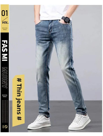 2024 Summer Lightweight Luxury European Style Jeans Men's Slim Fit Casual Long Pants Trendy High End Brand