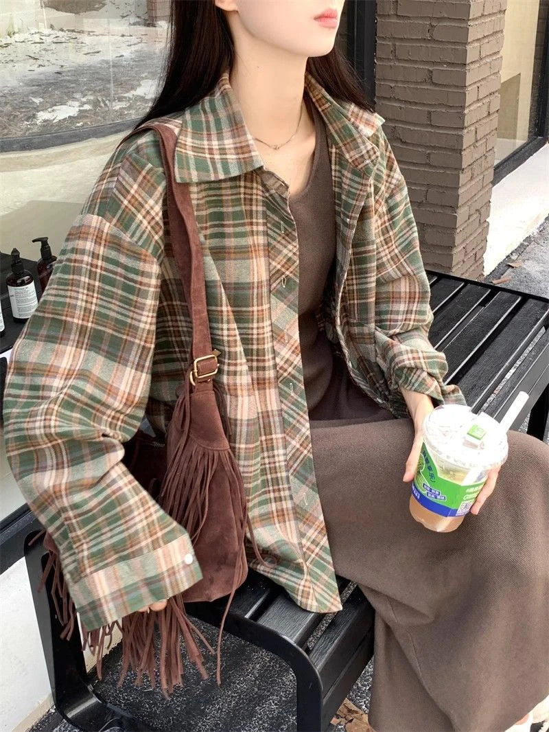 Zoki American Y2K Plaid Shirt Women Loose Streetwear Long Sleeve Vintage Blouse Casual Oversize All Match Female Spring Tops New - AMULET RING STORE