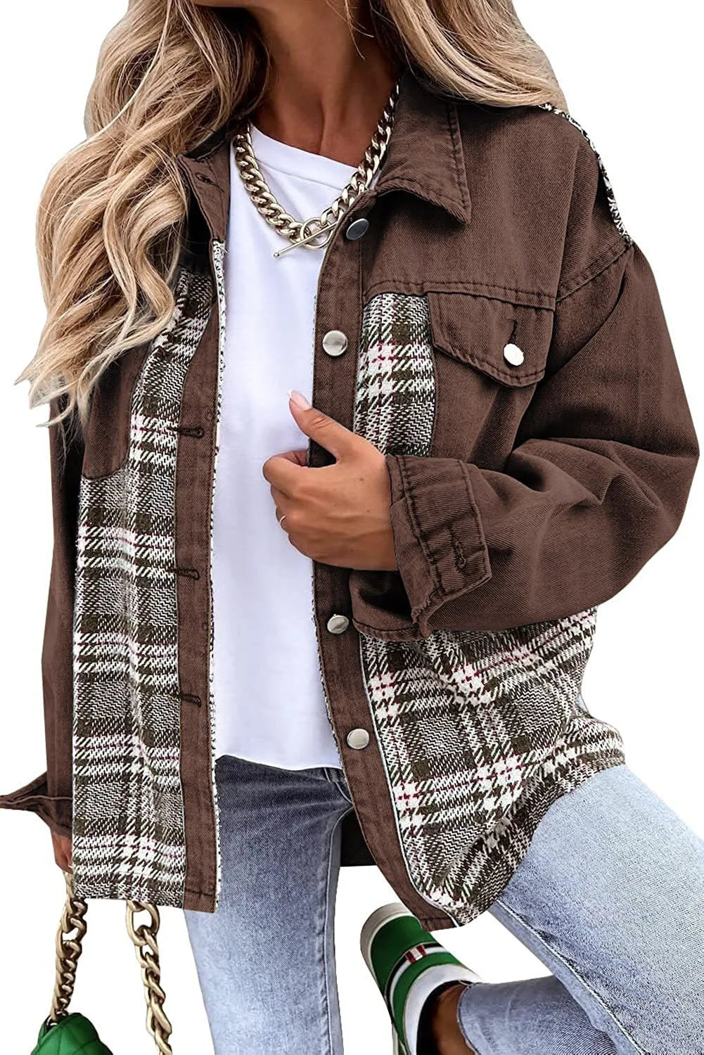 Autumn and Winter Long Sleeved Plaid Color Block Shaking Button Shirt Collar Denim Jacket for Women - AMULET RING STORE