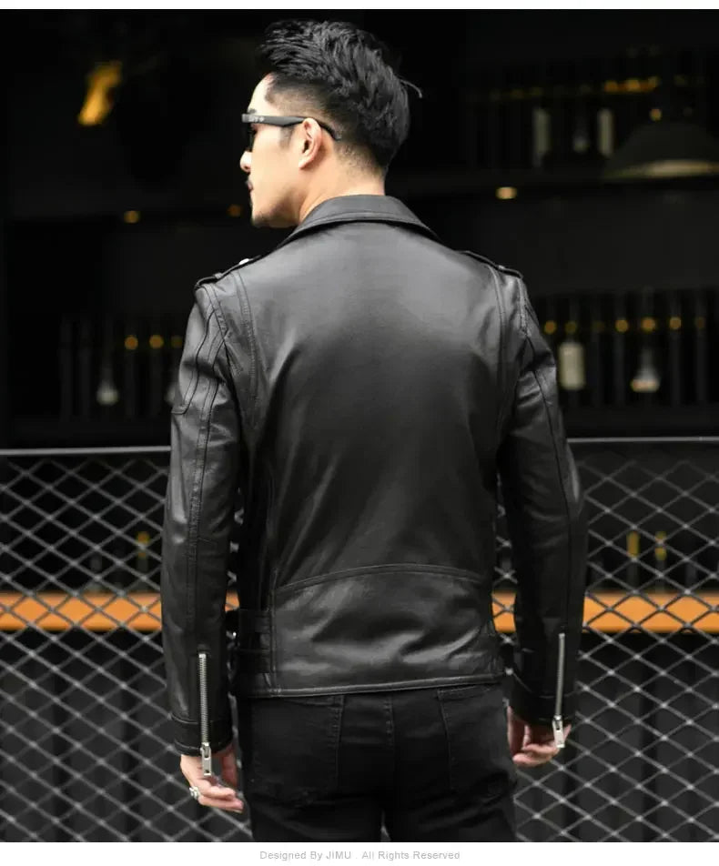 Spring Autumn Short Cool Black Leather Biker Jacket Men Zipper Long Sleeve Belt Plus Size European Fashion brand leather jackets