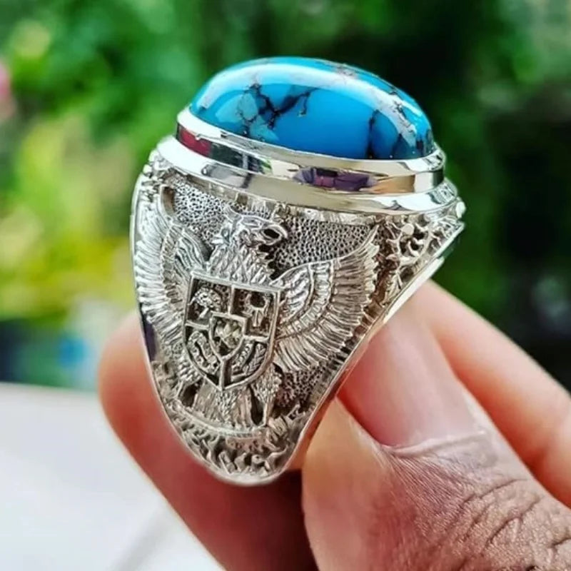 Turkish Handmade Men Vintage Big Turquoise Double Eagle National Emblem Pattern Rings